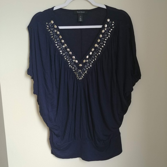 WHBM BLUE EMBELLISHED NECK BLOUSON TOP BLOUSE - Picture 2 of 7